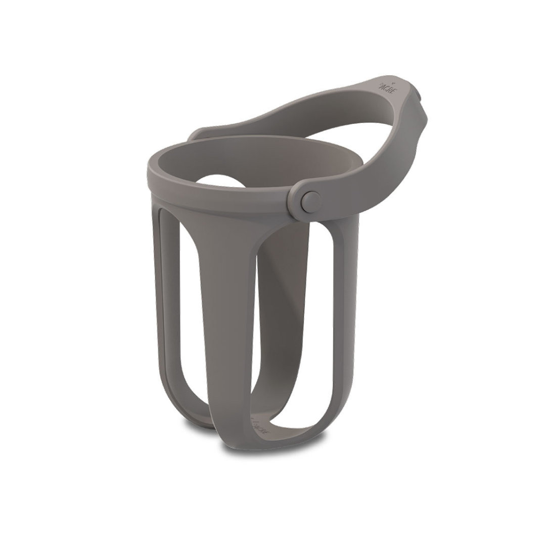 The Cup Holder For ByAcre Rollators is a gray, open-frame accessory with a hinged, flexible handle designed to securely hold cups or bottles on your byACRE rollator.